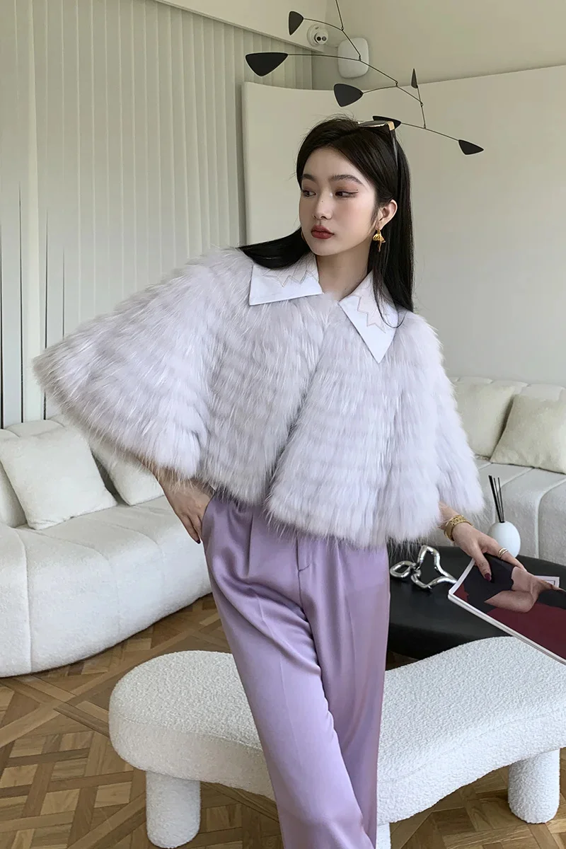 Capa tipo chal de piel de mapache para mujer, moda femenina, tiras cosidas juntas, abrigo real, chaqueta elegante para fiesta de noche, otoño e invierno