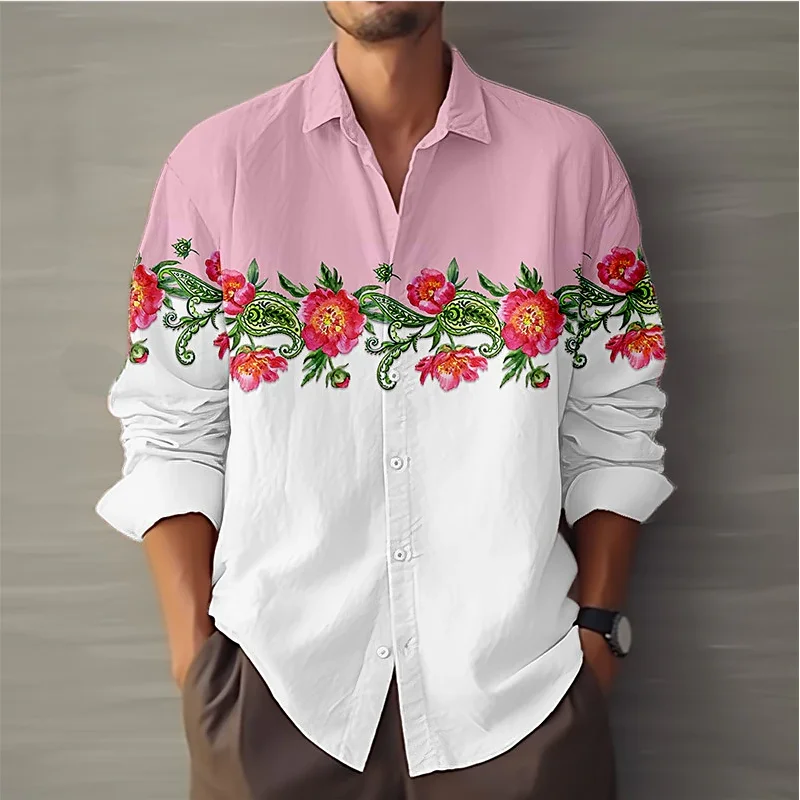 2024 Men's Floral 3D Printed Casual Shirt Spring Daily Wear Lapel Button Long Sleeve Yellow, Pink, Orange XS-6XL Plus Size Shirt