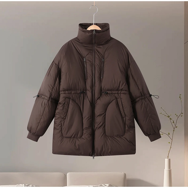Übergroße Pufferjacke für Damen mit Hohem Kragen, Langen Ärmeln, Kordelzug an der Taille, Mehreren Taschen, Warmer Mantel, Wintermode 2025 – Detail 7