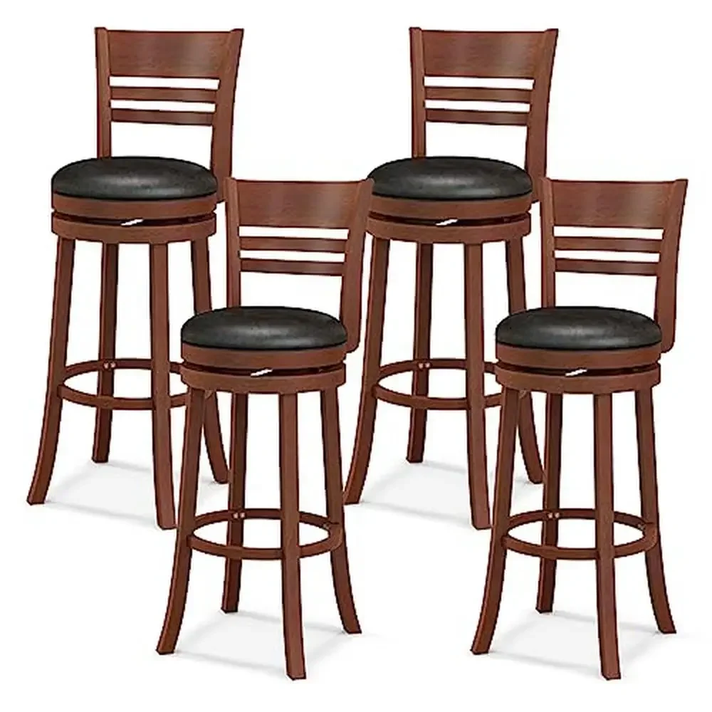 360 Swivel Bar Stools with PU Upholstered Seats Solid Wood Backrests & Footrests Bar Height Chairs Retro Style Home Kitchen