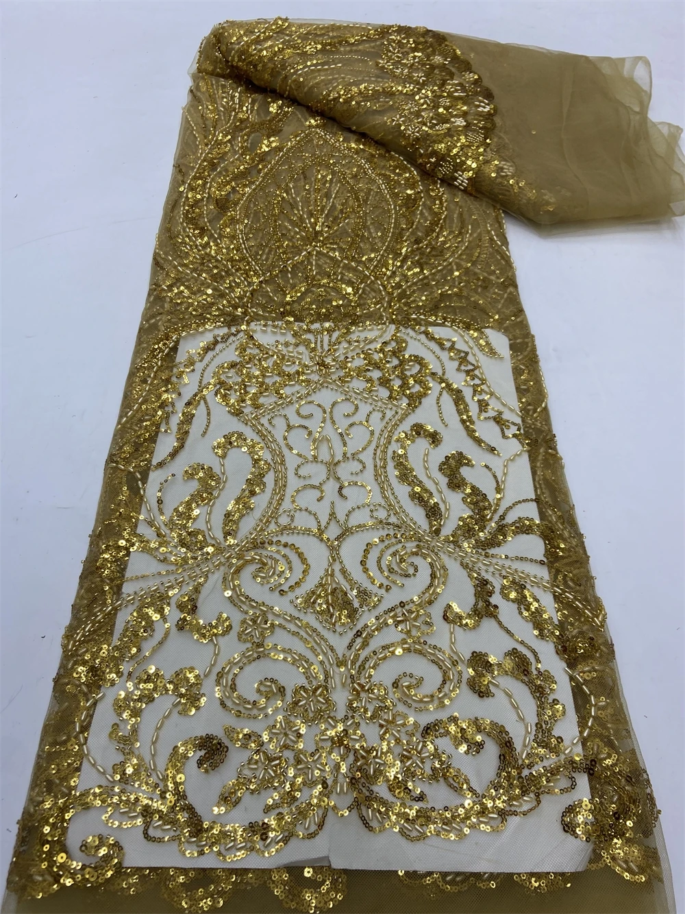

2024 High Quality African Nigerian Tulle Lace Fabric Sequins Embroidery French Guipure Wedding Party Dress Beads 5Yards