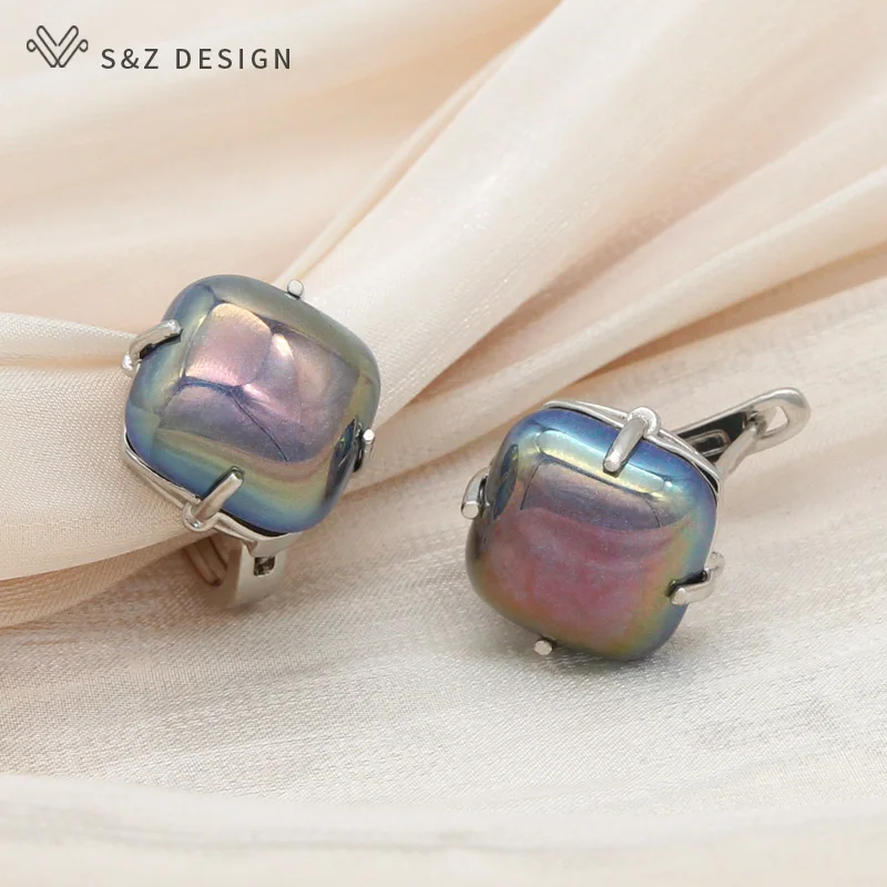 S&Z DESIGN New Fashion Elegant 585 Rose Gold Color Square Colorful Dangle Earrings For Women Girl Luxury Wedding Party Jewelry