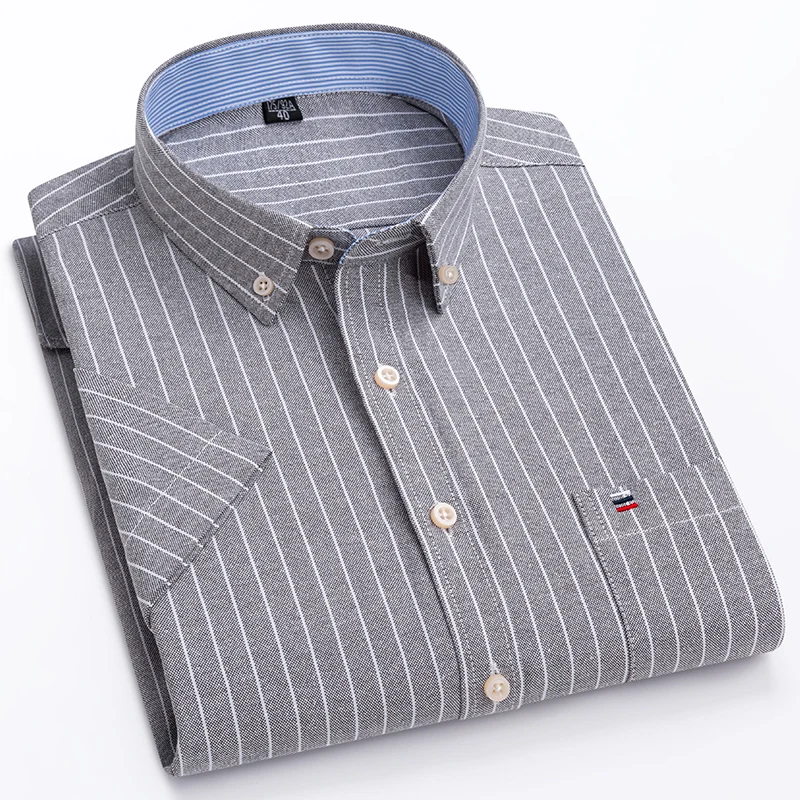 

Business Cotton Casual Shirts Plus Size Men's Summer Shirts Oxford Vertical Stripes Short Sleeve Standard-fit Loose Man Shirt