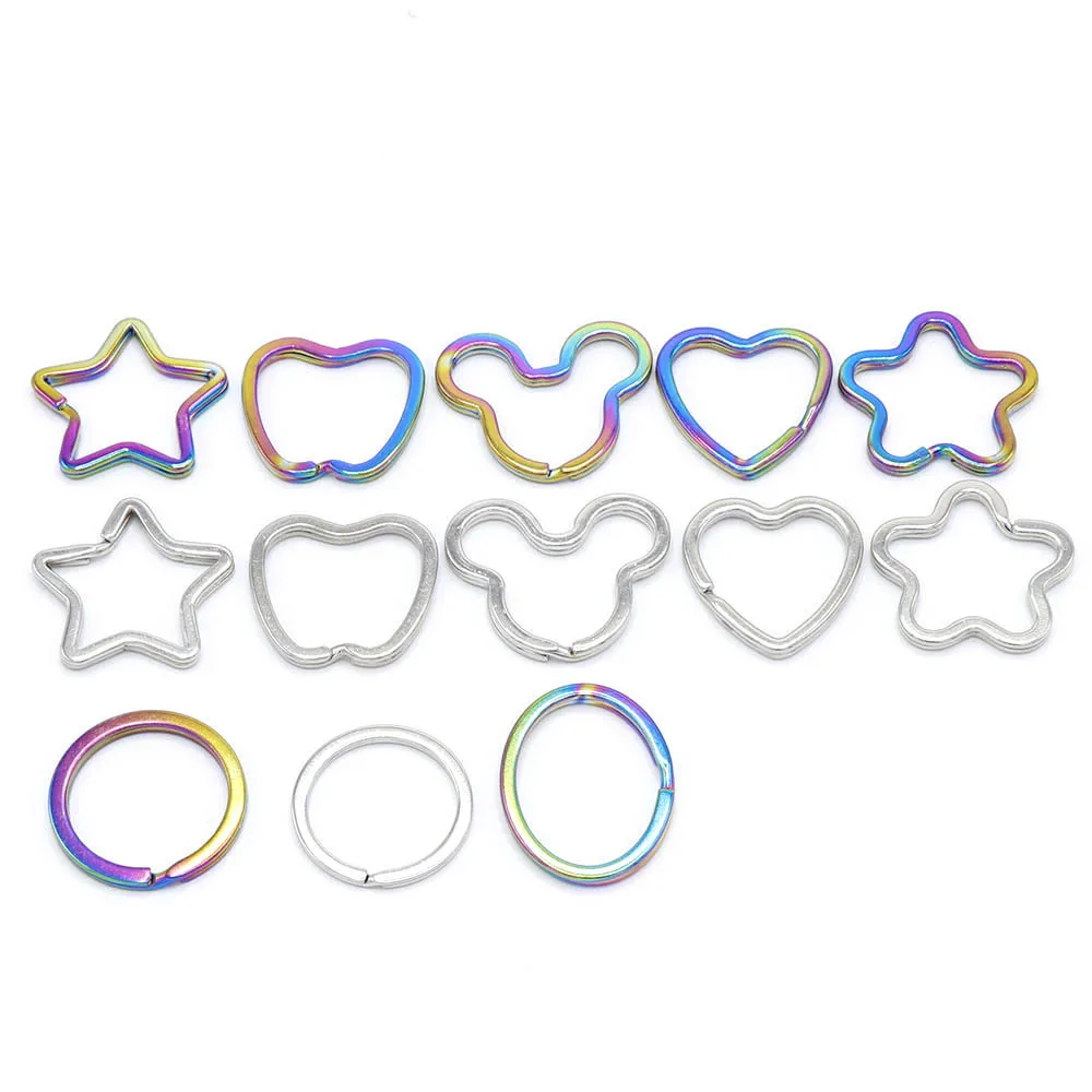 10PCS Rainbow Split Ring Heart Star Apple Keychains Metal Key Chain Ring Split  Rings Unisex Keyring Keyfob Accessories DIY