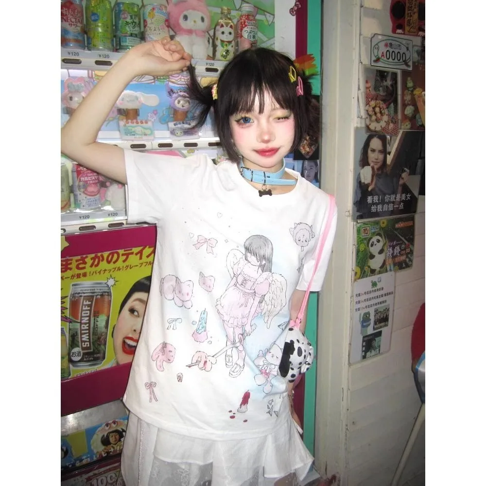 HOUZHOU Kawaii Sweet Streetwear magliette donna moda giapponese Y2k Graphic Angel Print O Neck magliette larghe top Soft Gril Summer