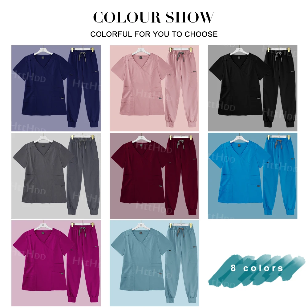 Fashion Scrubs Uniforms Sets Elastic Waist Scrub Tops Fit Pants Hospital Nurse Work Medical Wear Suits Lab Coat Surgical Uniform