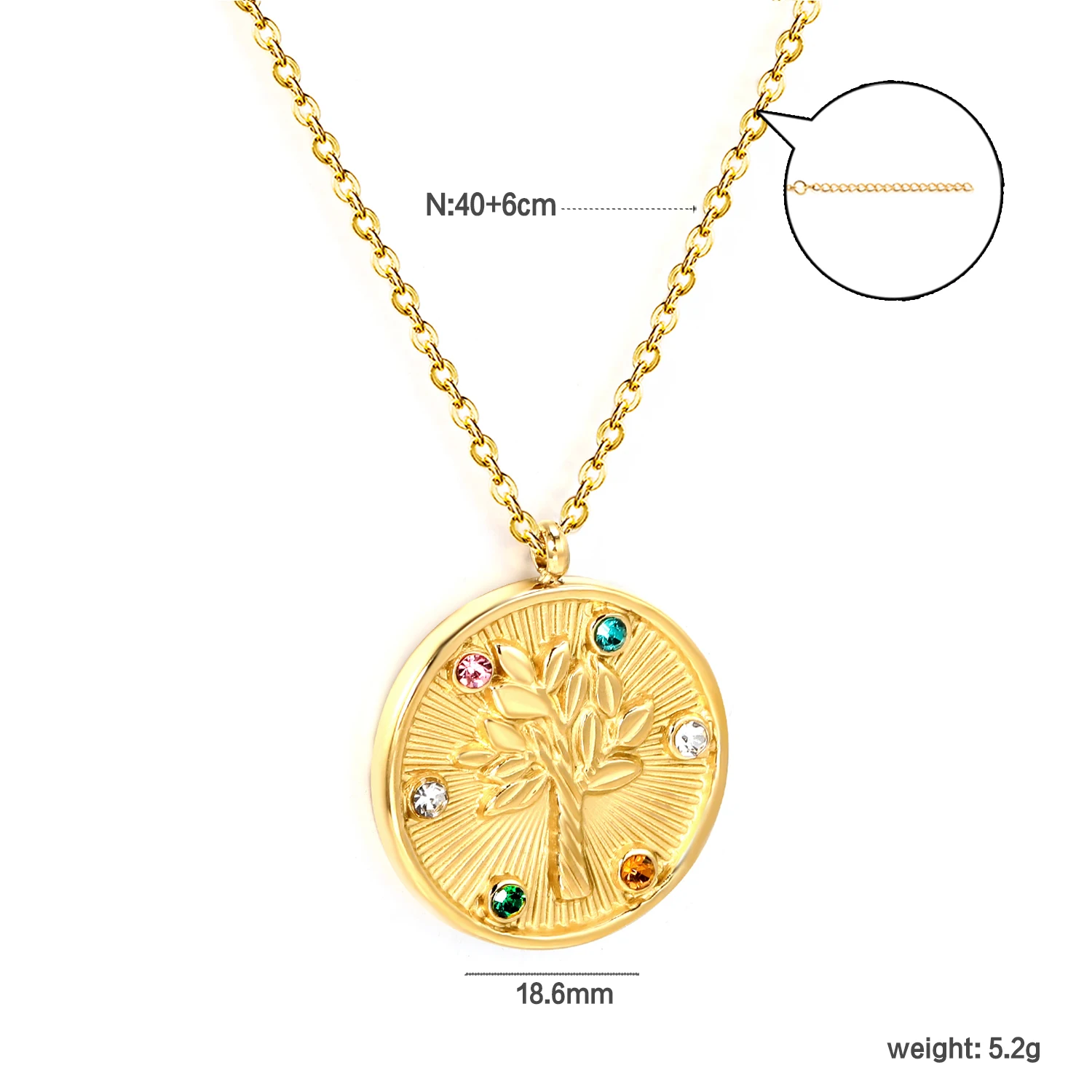 LUXUSTEEL 여성용 스테인리스강 목걸이, 귀여운 생명의 나무, 이니에이드 라운드, 다채로운 큐빅 펜던트 목걸이 칼라