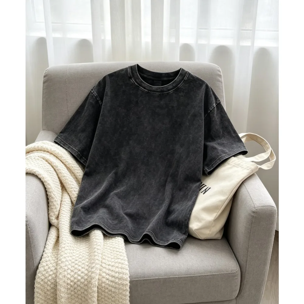Hochwertiges Oversize-Herren-Sommer-T-Shirt aus Baumwolle, Vintage-Waschung, Kurzarm, Locker Geschnitten, Streetwear, Kurzarm-Oberteil