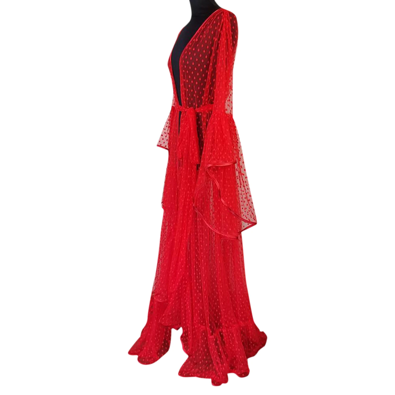 Dots Sheer Mesh Nightgown Robes for Women See-Through Sexy Long Flare Sleeve Waist Tie-up Flowy Sleepwear Dress Sleep Robe