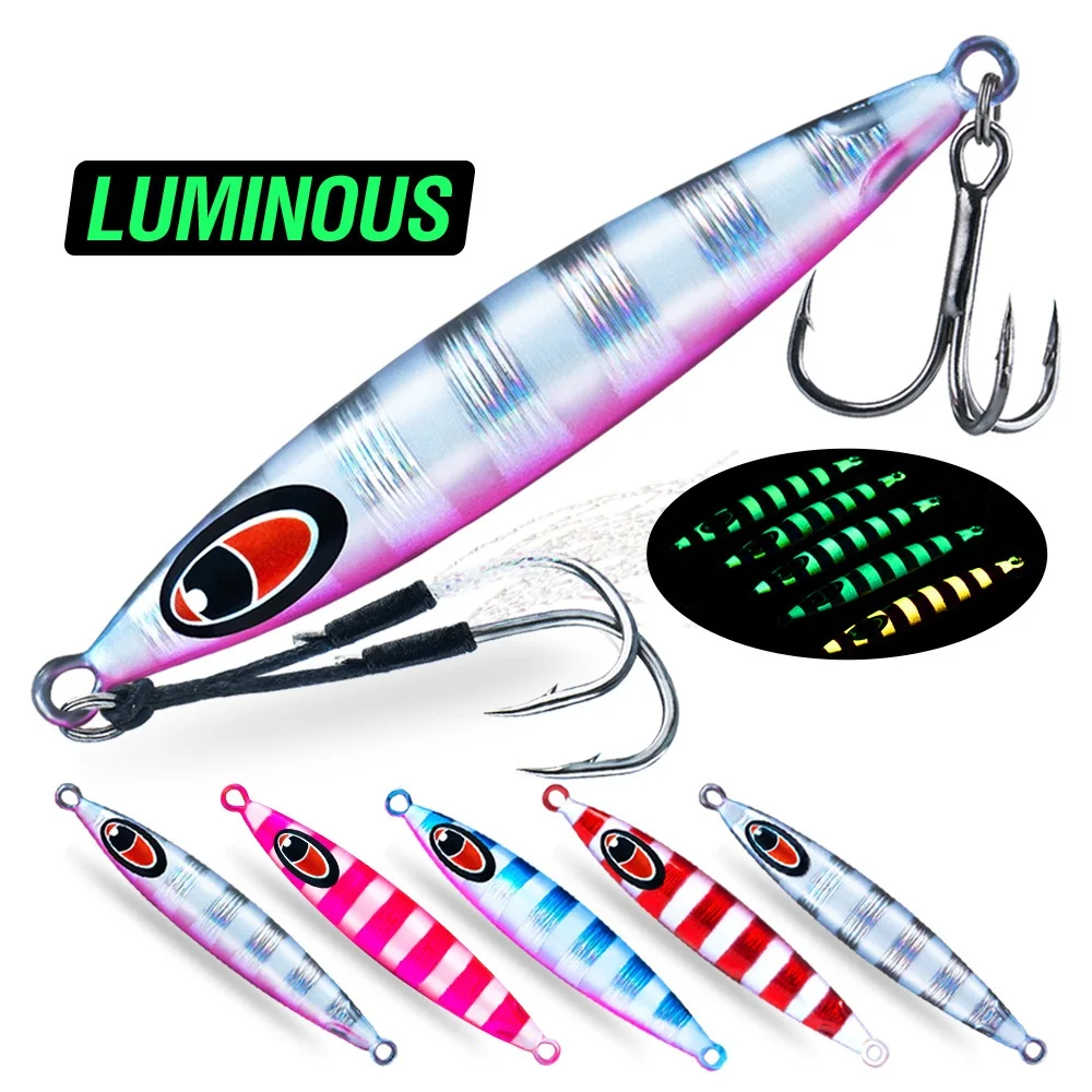 Leuchtender Jig-Angelköder, 10 g-60 g, Jigging-Köder, künstlicher harter Köder, Metall-Wurfköder mit scharfem Haken, Wobbler für Barschangeln