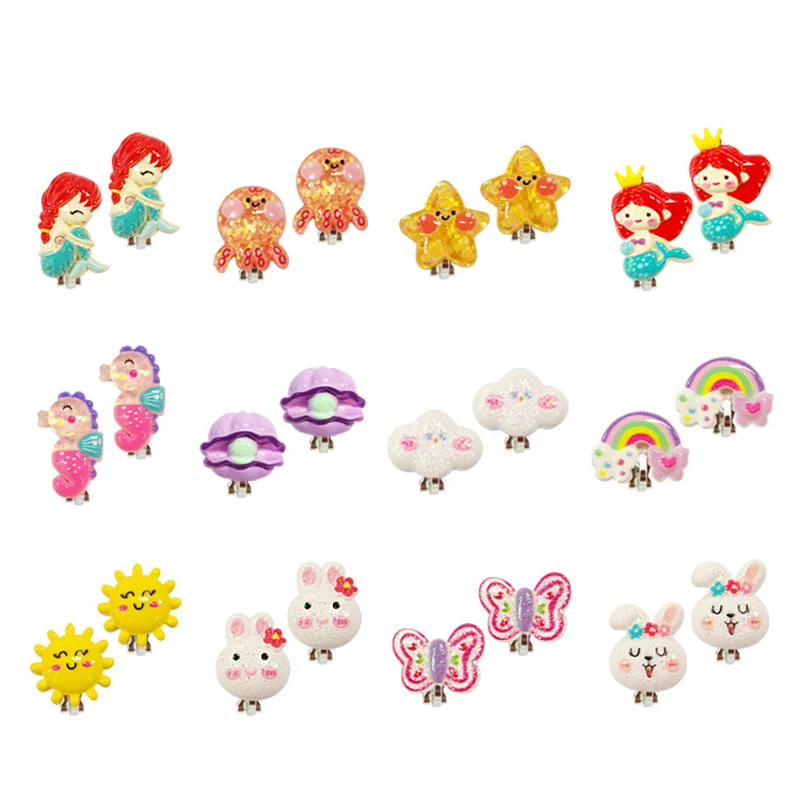 6PRS Gift Children Non Piercing Girls Kids Earrings Mixed Cute Mermaid Rainbow Butterfly Clip on Earring ear clip earrings clip earrings ear clip