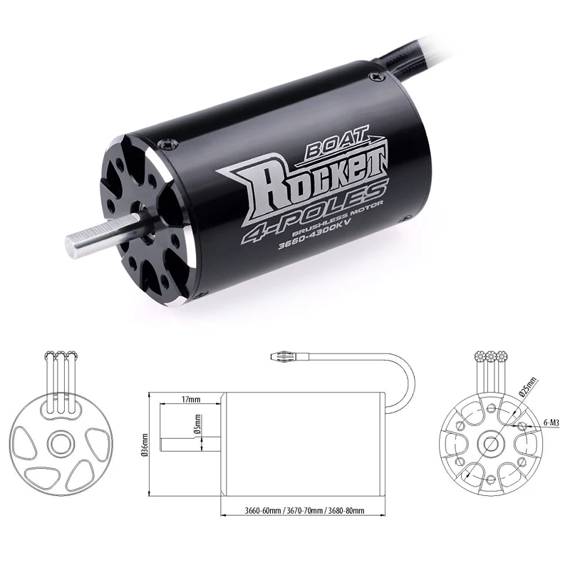 Moteur brushless 3670/3680 pour bateau RC installé dans un compartiment moteur, entouré de composants de fixation.