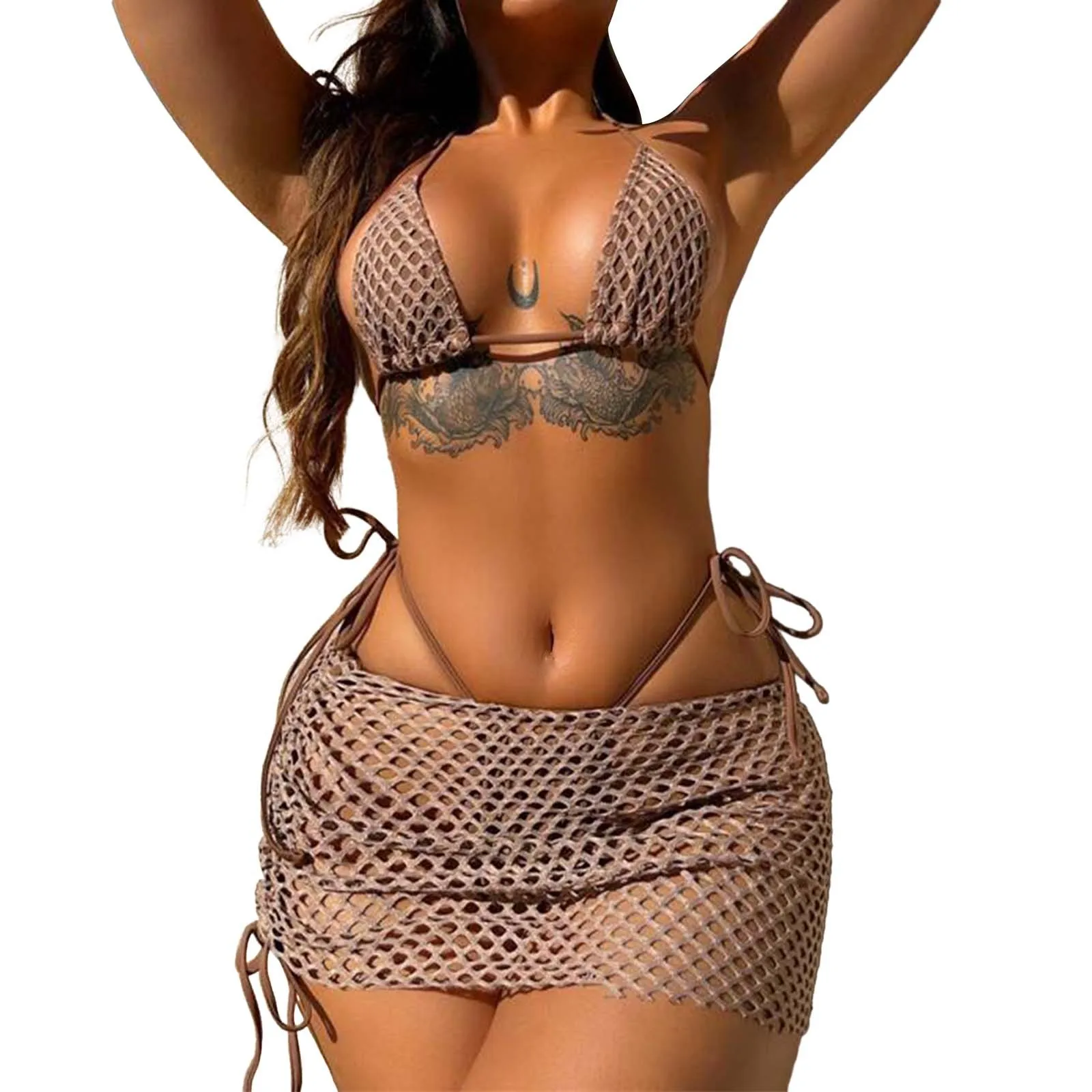 

Женские комплекты бикини из трех предметов с высокой талией, Спортивная юбка, сетчатый купальник, купальные костюмы с высоким вырезом