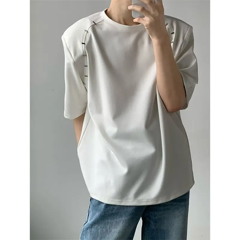 

Простая Высококачественная футболка из тяжелого чистого хлопка с коротким рукавом, модель 2024 года, мужская летняя Модная брендовая Повседневная футболка с металлическим дизайном и коротким рукавом