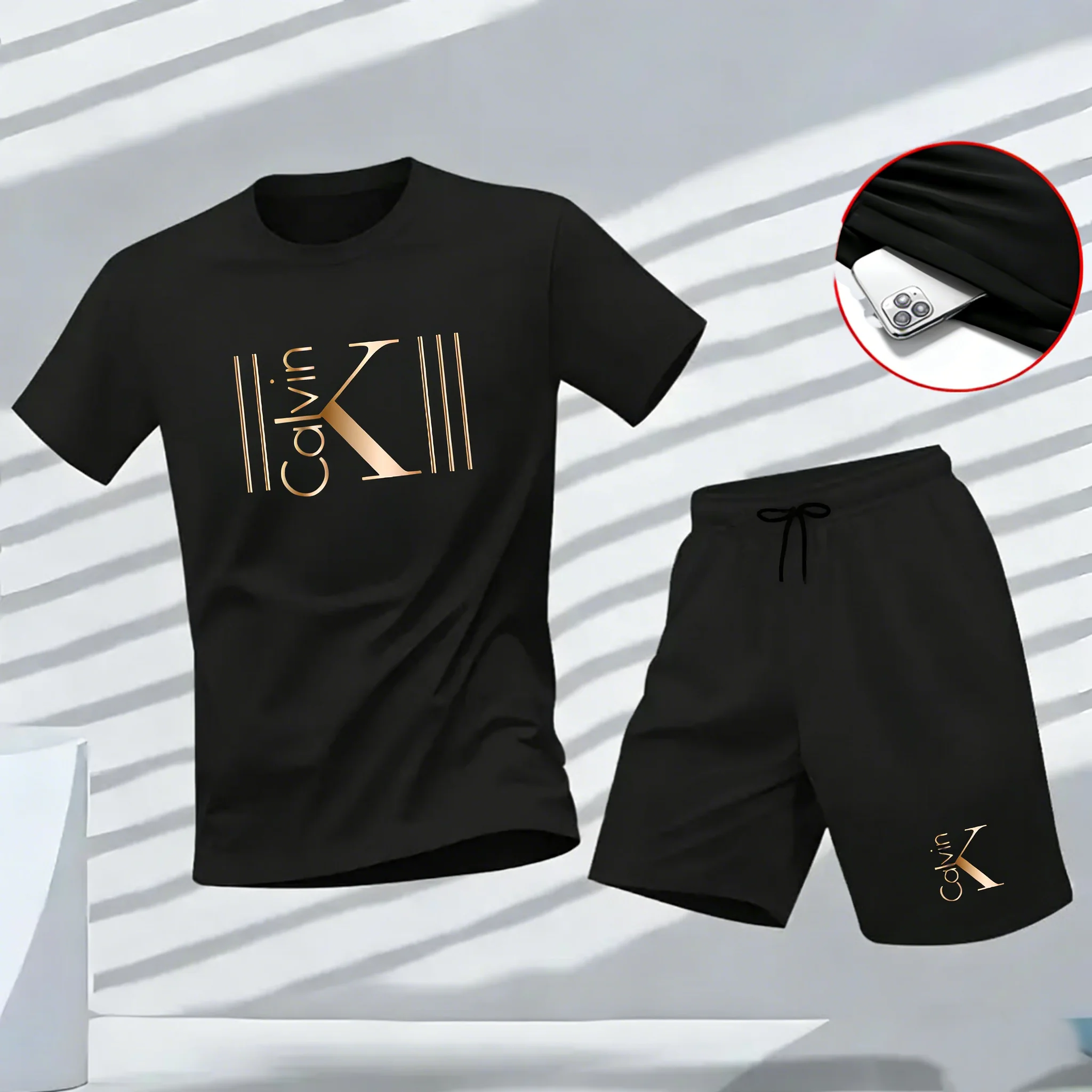Men's Breathable sports pattern Printed T-shirt Casual Fashion short-sleeved T-shirt Summer streetwear top Two-piece set.