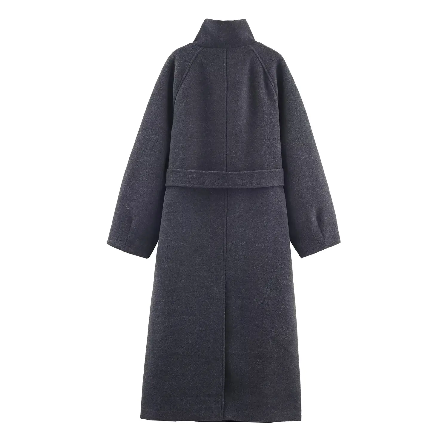 Ladies'Elegant High-End Grey Woolen Coat Women Stand Collar Single Breasted With Belt Long Coat Commut Casual High Street Coat