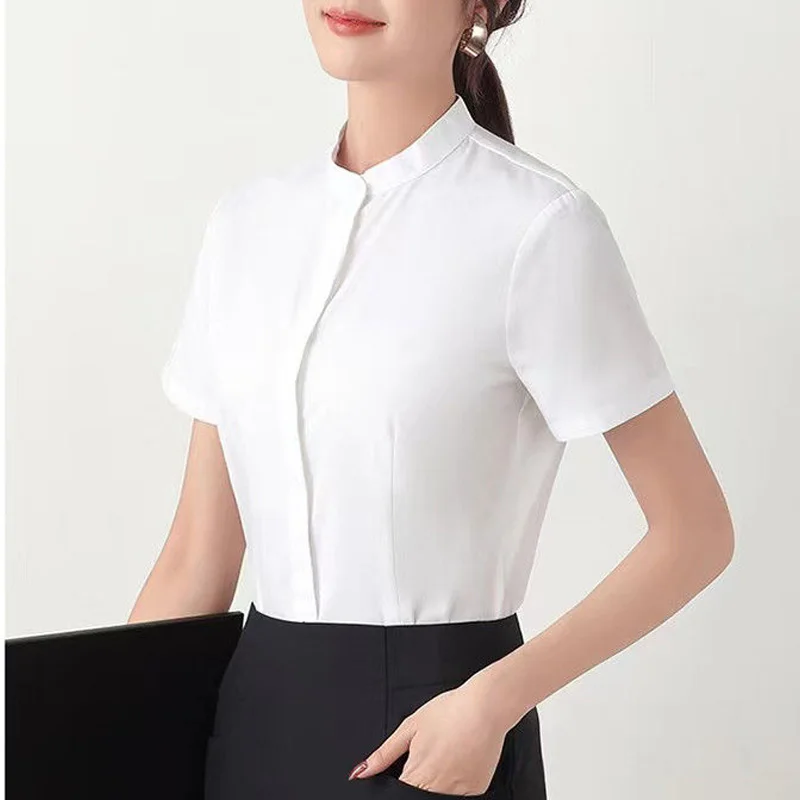 2023 New Fashion Trend Commuting Simple Standing Neck Solid Color Anti Walking Dark Button Top Casual Short Sleeve Women's Shirt