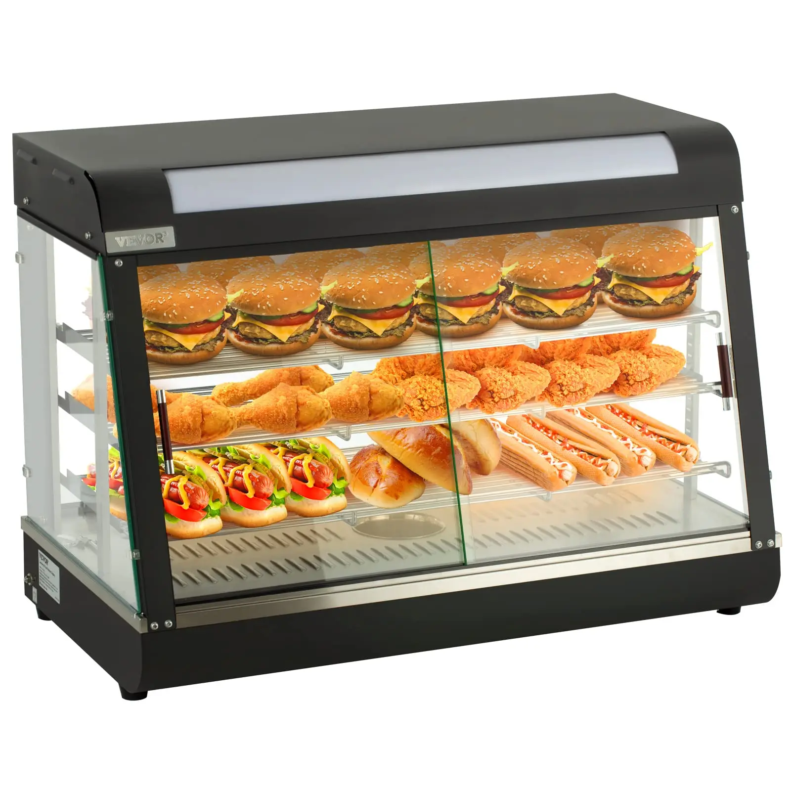 

Commercial Food Warmer Display, 3 Tiers, 1800W Pizza Warmer w/ 3D Heating 3-Color Lighting Bottom Fan, Countertop Pastry