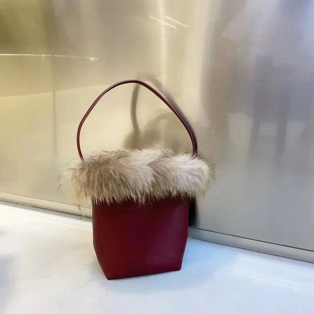 

Quality Mink Hair Soft Leather Bucket Bags Women Fashion Handbag Shoulder Underarm Bag Lady Purse Female Tote Bag Composite Bag