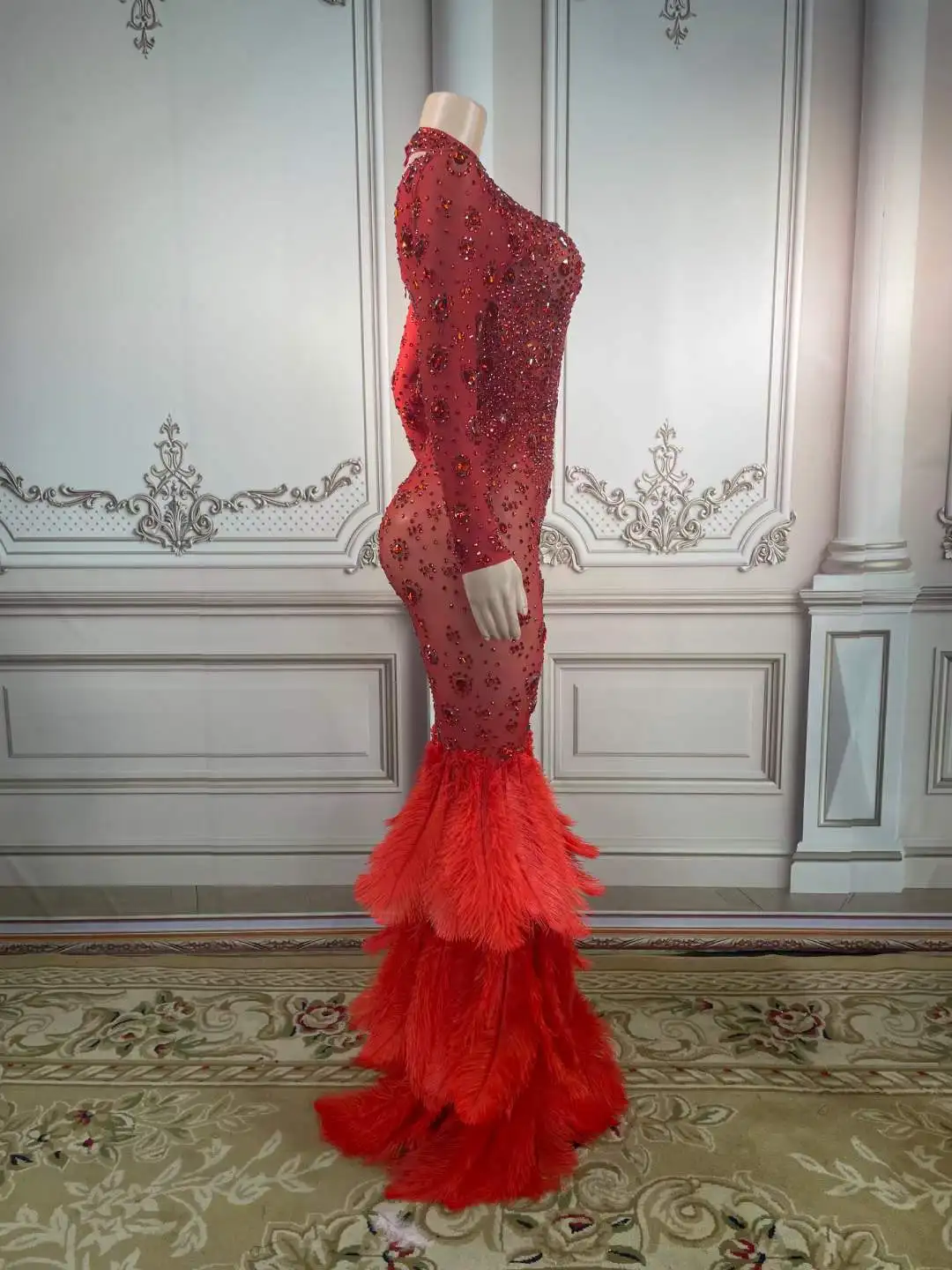 Women Elegant Rhinestone Feather Spandex Dress Drag Queen