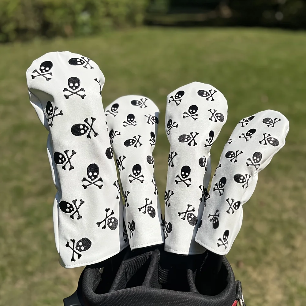Fashionable Skull Embroidered Pattern Durable Golf Club Head Covers, For Hybrid, Driver, Fairway Wood, Golf Accessories 3