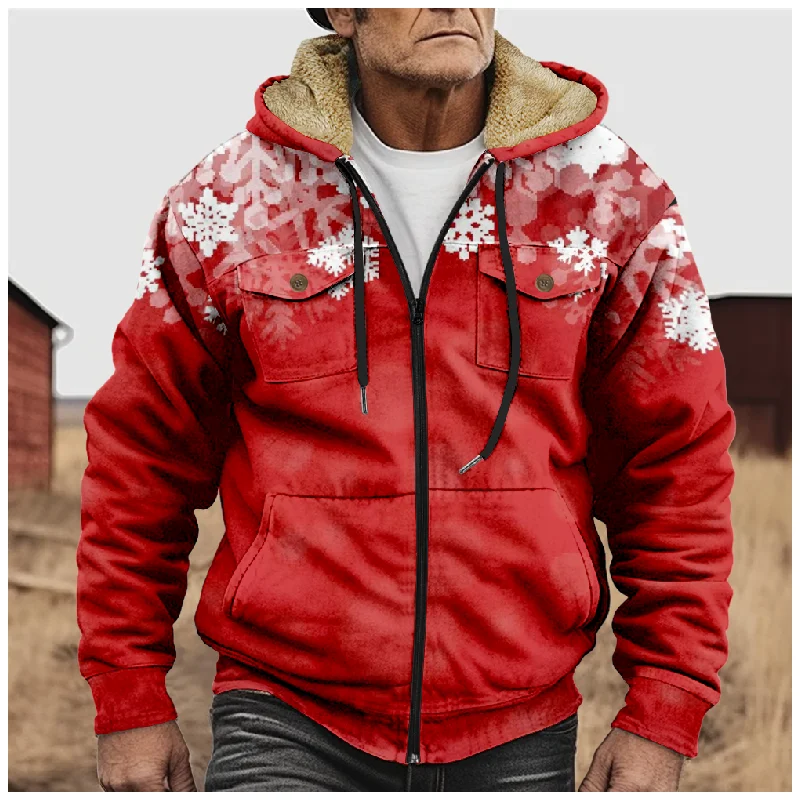 

New Christmas Cotton Coat Hooded Sweater Casual Print Men's Fur Loop Arctic Velvet Zipper Patch Pocket Hooded Sweater a01