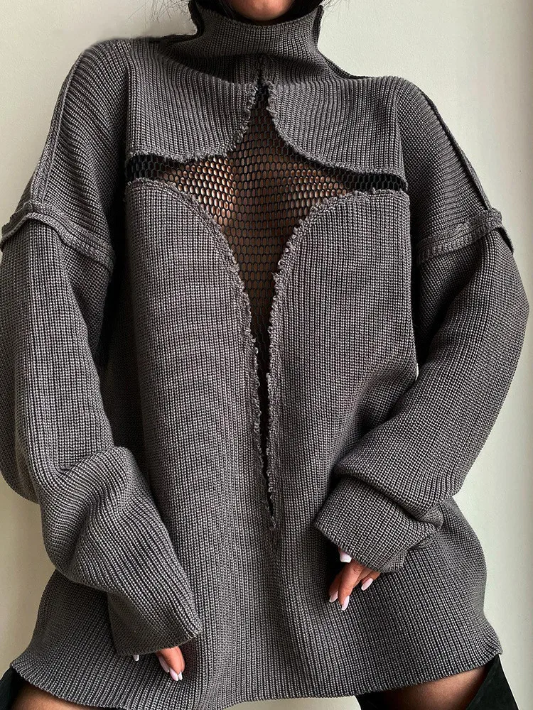 【SATIIIZ】Ilenine Star Mesh Knitwear Y2K Star Pattern Mesh See Through Sweater Women Long Sleeve