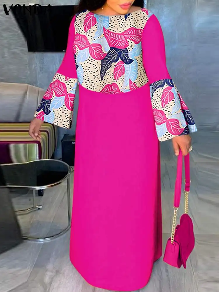 

Plus Size VONDA 2023 Summer Maxi Dress Women Long Flare Sleeve Vintage Patchwork Printed Vestido Casual Baggy Party Robe Femme