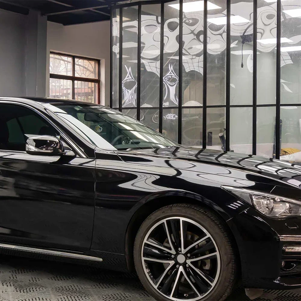 Glänzende, helle schwarze Auto-Wrap-Aufkleber, blasenfrei, Farbwechsel, Vinylfolie, Aufkleber, Autozubehör, Außen- und Innendekoration – Detail 4