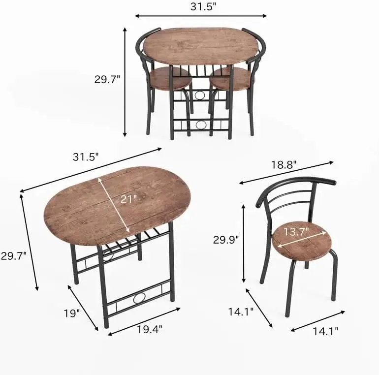 3-Piece Wooden Dining Table Set Kitchen Breakfast Nook Sets with 2 Chairs & Round Tabletop Space Saving Furniture Metal Frame