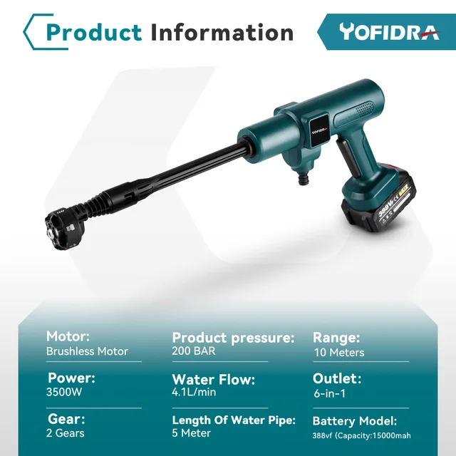 Yofidra 200Bar 3500W Brushless Electric High Pressure Washer 6-in-1 Car Washing Garden Water Gun for Makita 18VBattery Spray Gun 3