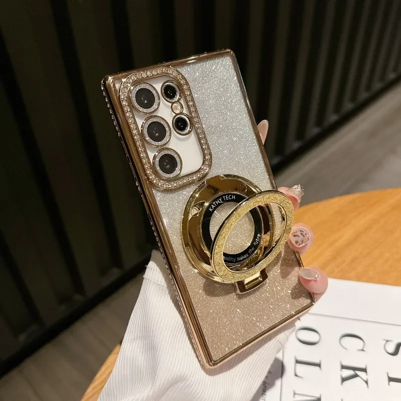 Luxury Magnetic Plating Shockproof Phone Case with Glitter Diamond Back Cover