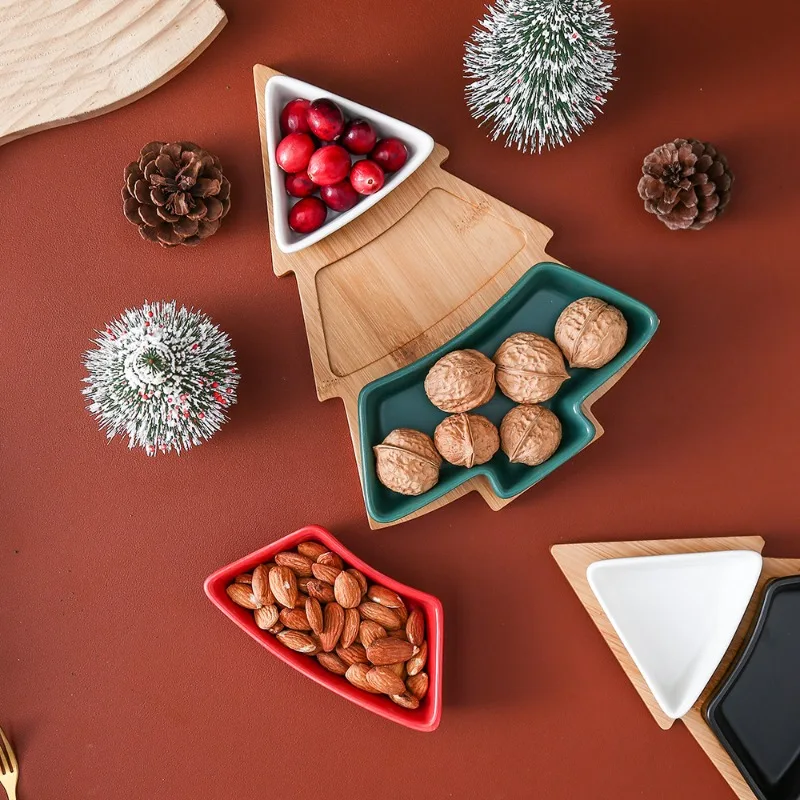 Creative Christmas Tree Ceramic Snack Plate with Bamboo Plate Christmas Tree Shaped Plate Dim Sum Fruit Plate Candy Plate