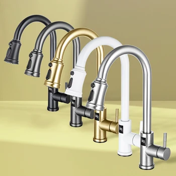 ก๊อกน้ำอ่างล้างจานแบบดิจิตอลสีเทา พร้อมหัวฉีดแบบดึงลง ก๊อกผสมน้ำร้อนน้ำเย็นแบบสัมผัสสำหรับห้องครัว 2