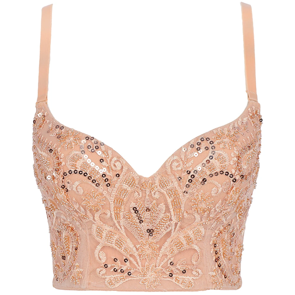 Fashion Women Nude Color Embroidery Sequined Corset Top Push Up Ladies Bustier Crop Tops High Street Night Club Party Camis