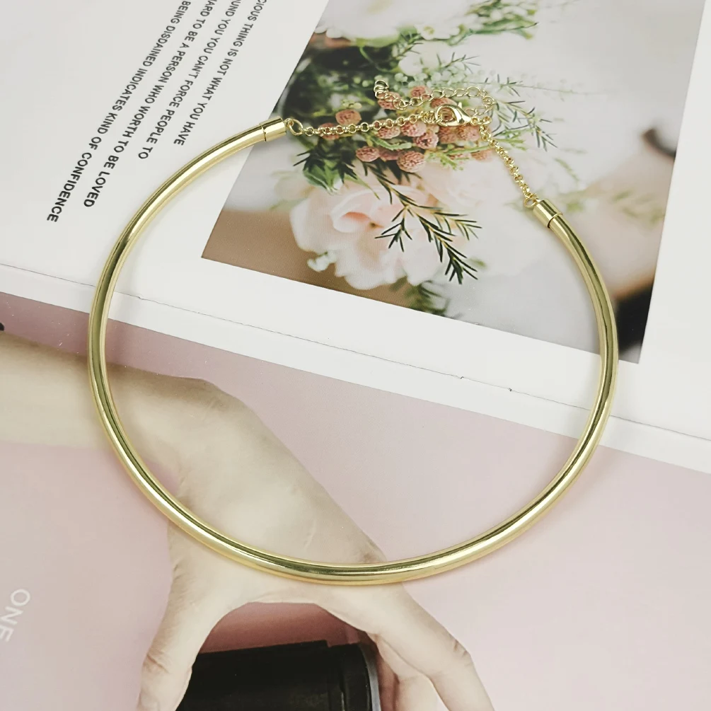 Copper Choker Necklaces Round Chunky Metal Collar Torques for Women Gold Color women jewelry metal choker necklace velvet choker necklaces