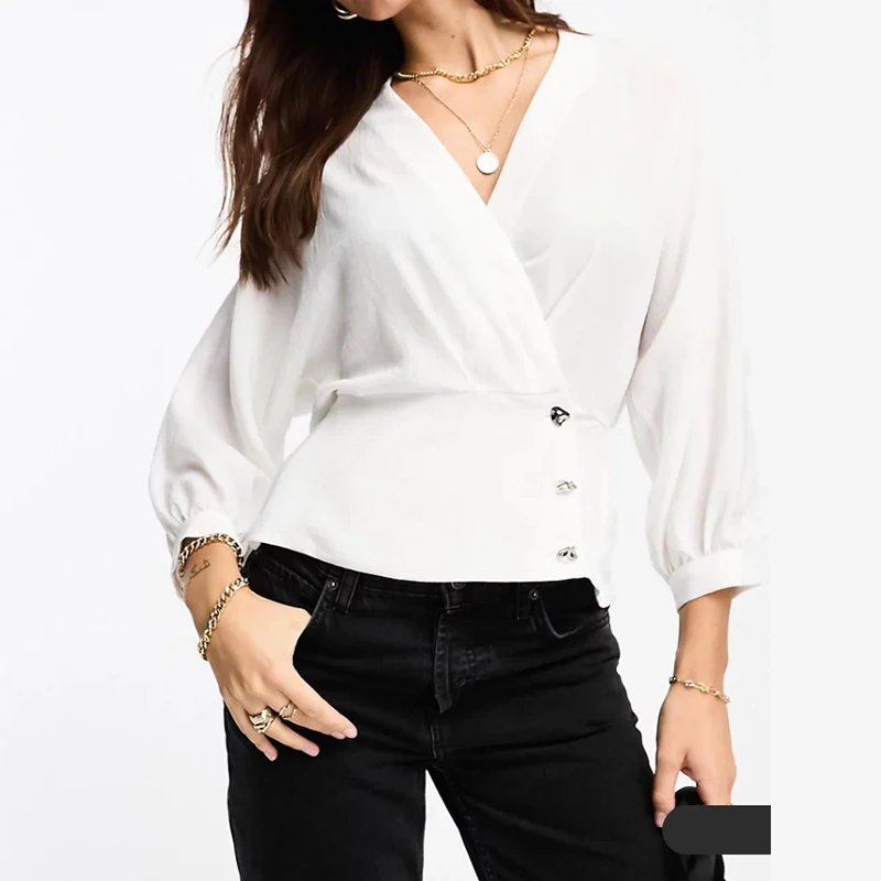

Classic Women's Long-Sleeved Shirt Vintage Popular Waist-Waist Bubble Sleeve Short Blouses Elegant Fashion Office Lady Shirt
