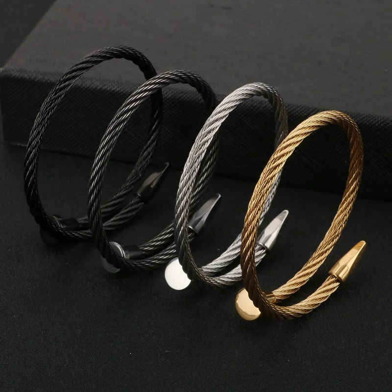 Fongten Punk Stainless Steel Wire Bangle For Men Nail Buckle Trendy Hip Hop Minimalist Male Jewelry Birthday Gift Wholesale 4