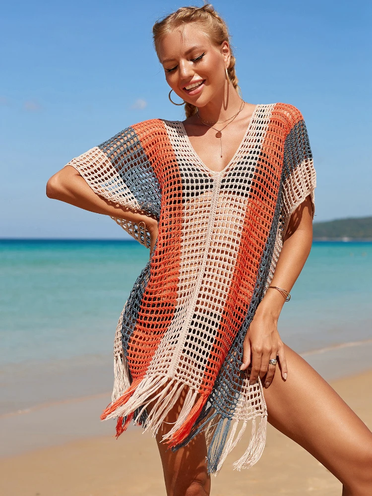 Rainbow Crochet Dress Knit Beach Cover Up Short Sleeve Tassel