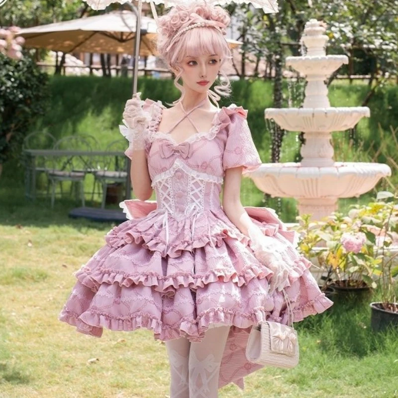Victorian Vintage Sweet Lolita Dress Women Kawaii Cute Bow Ruffless Short Sleeve Trailing Princess Dresses Gothic Y2k Mini Dress