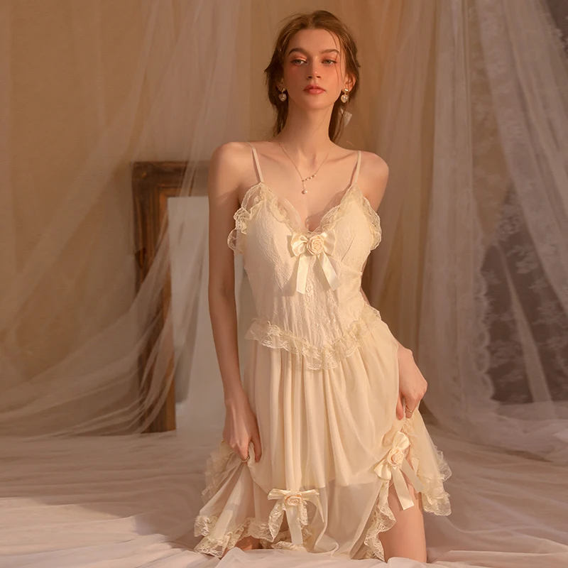 TOMOE GOZEN 2023 New Sexy Nightgown Ice Silk Home Wear Female Summer Nightie Nightdress for Women Deep V Apricot Rose Pajamas