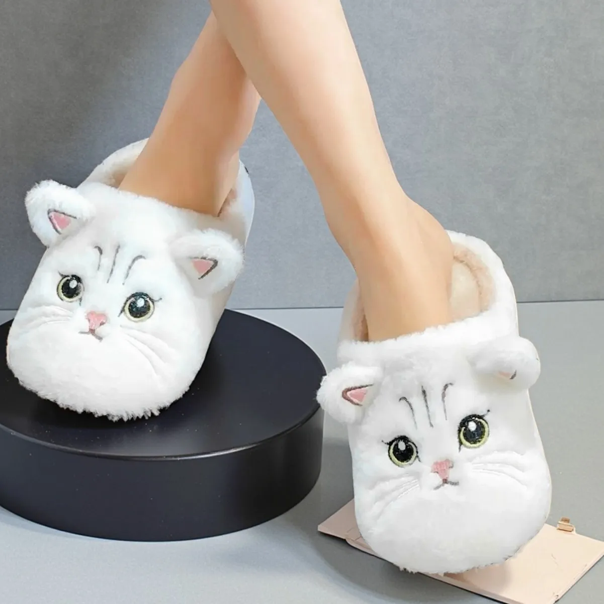 24h fast shipping cat fun slippers for adults winter furry slides couple