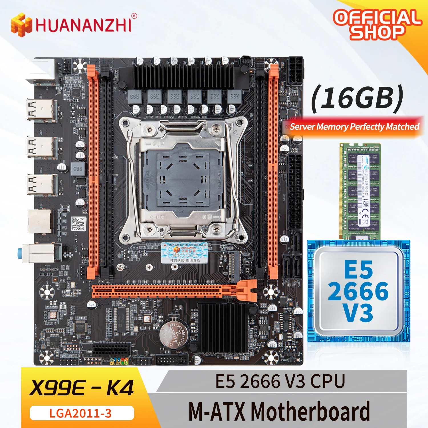 

HUANANZHI X99E-K4 LGA 2011-3 XEON X99 Motherboard with Intel E5 2666 V3 with 1*16G DDR4 ECC memory combo kit set M.2 NVME