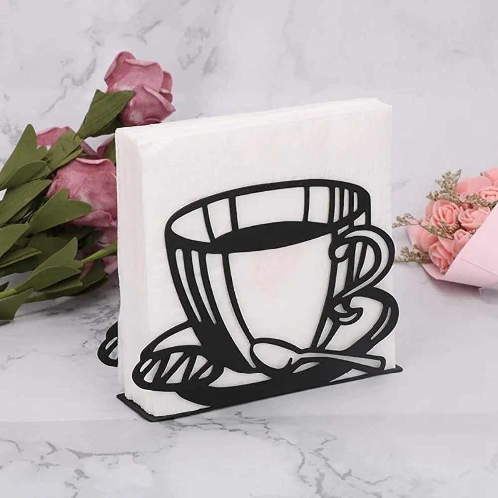 Standing Napkin Dispenser for Table Black Stainless Steel Coffee Cup Theme Napkin Holder 5.1*3.9*1.57 Inches Home Decors napkin dispenser