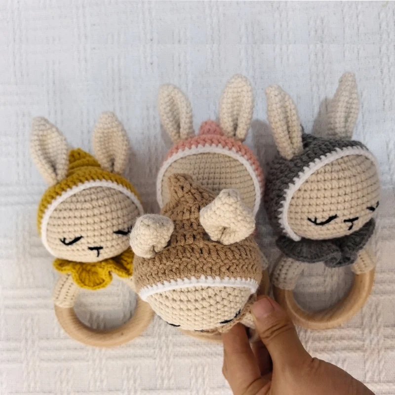 Baby Wooden Teether Crochet Cartoon Bunny Baby Rattle Toys Wooden Ring Rodent Toys Mobile Gym Kids Newborn Educational Toys Hand 3