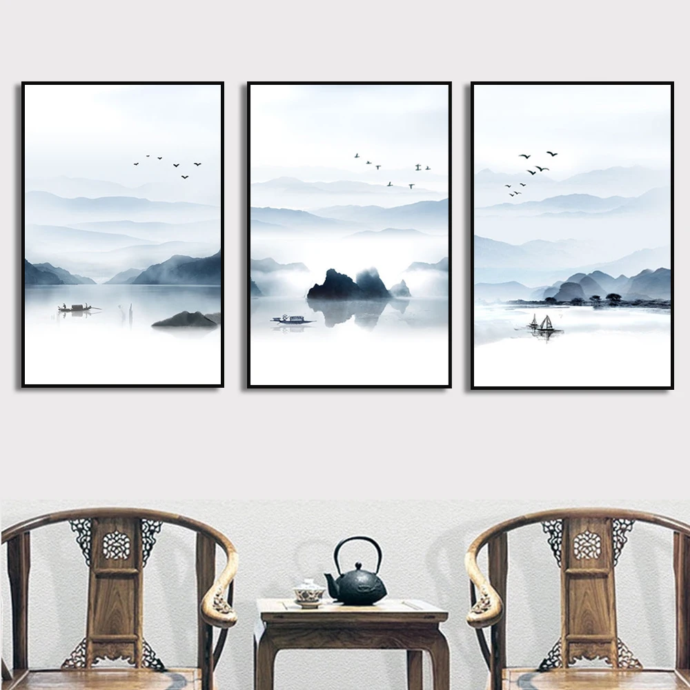 Stile Cinese Mountain Boat Lake Landscape Poster Canvas Painting Wall Art Print Modern Minimalist Decoration Picture Home Decor
