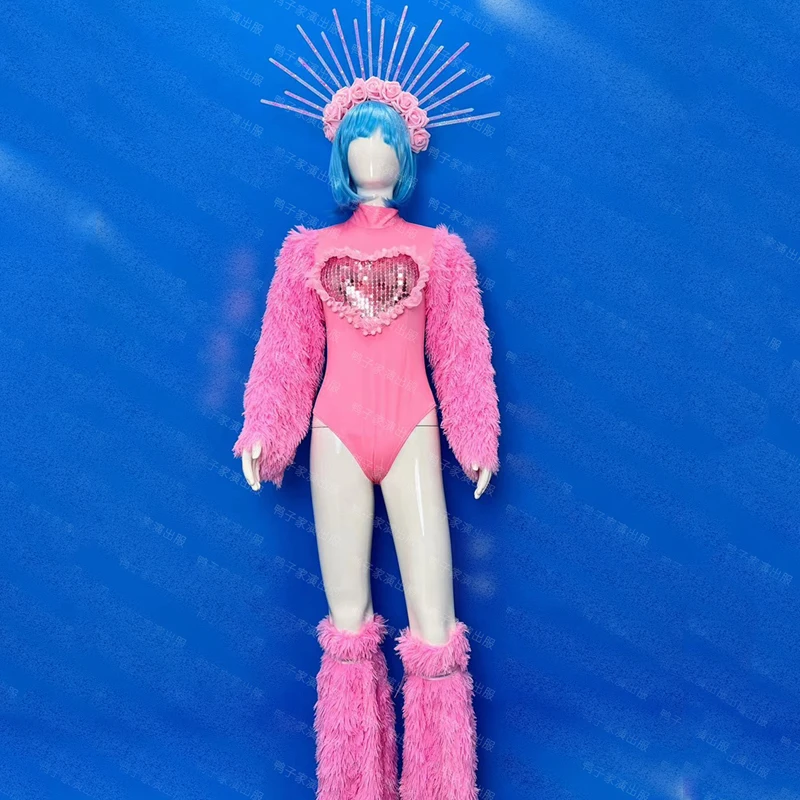 

Bar Female Singer Valentine'S Day Pink Rose Trailer One Piece Set Headwear Performance Dress Nightclub Bar Dj Stage Wear DN16010
