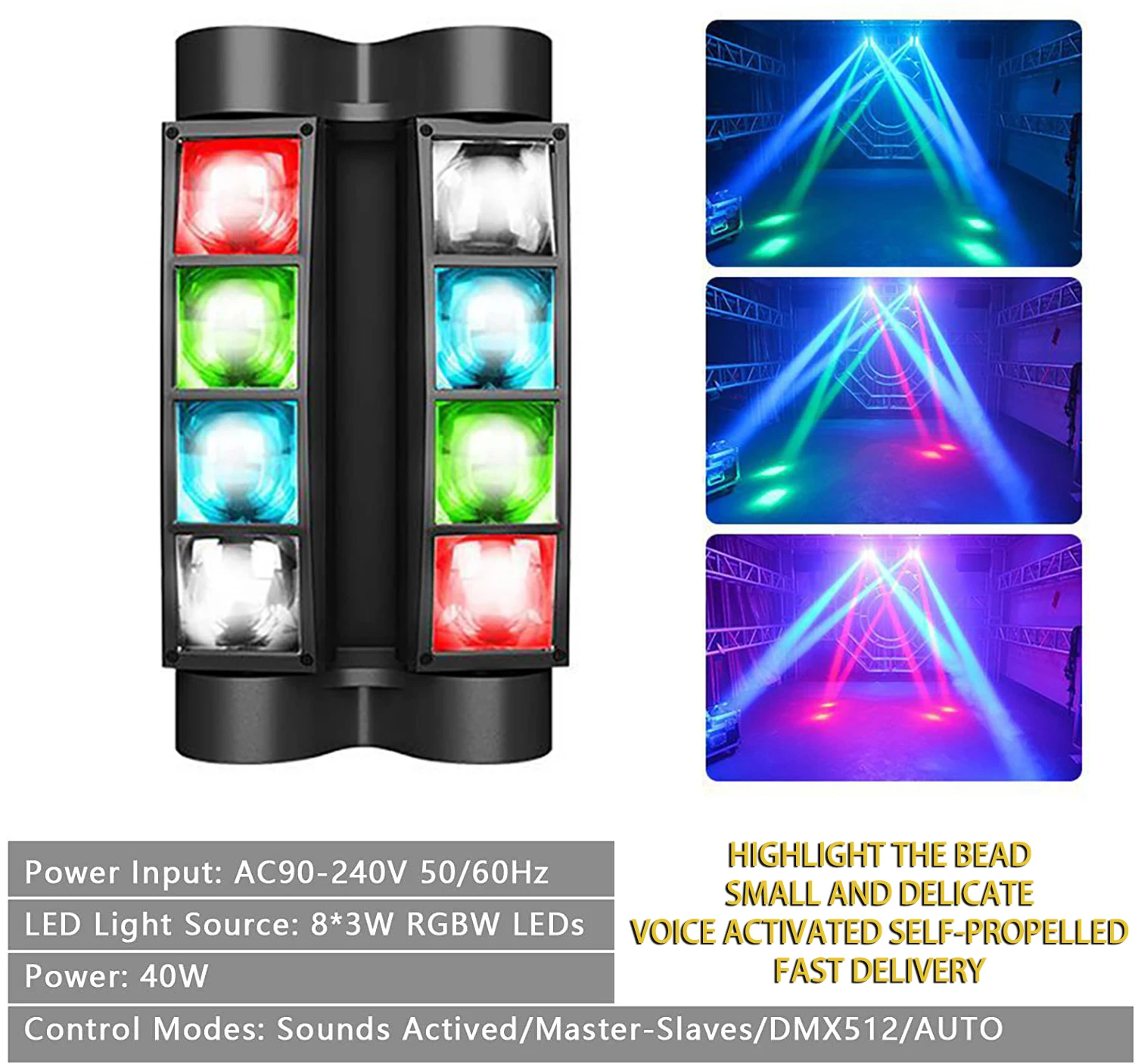 thumbnail image 1 of Mini araña de luces LED RGBW con cabezal móvil y activación por voz, con haz DMX, para fiestas, eventos, DJ, 1 of 5