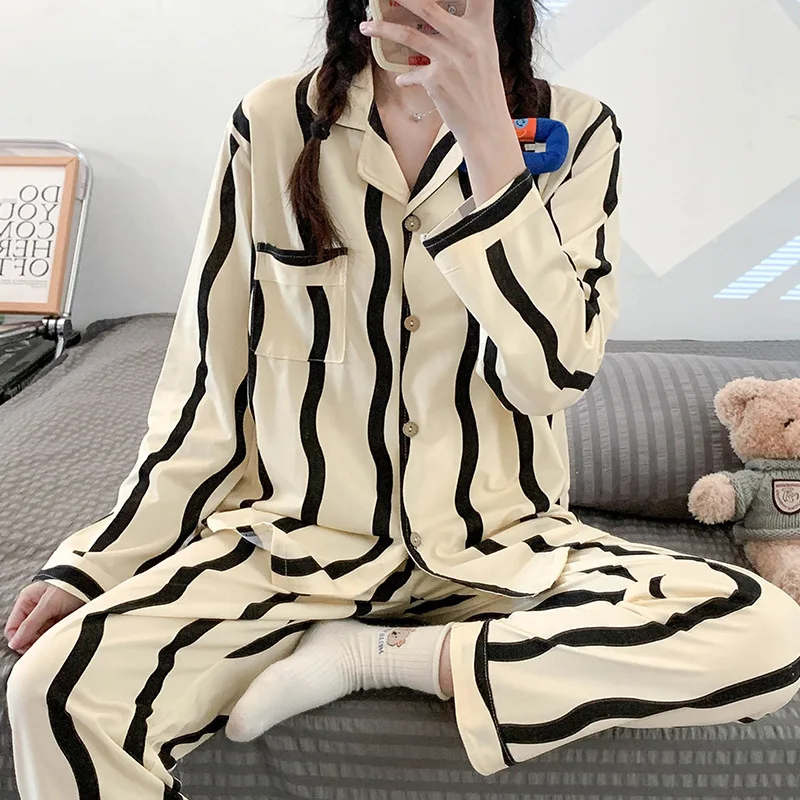 Striped Print Women's Summer Pajama Set Long Sleeve Ladies Sleepwear 2 Pcs  with Pant Korea Style Home Clothes for Female - AliExpress