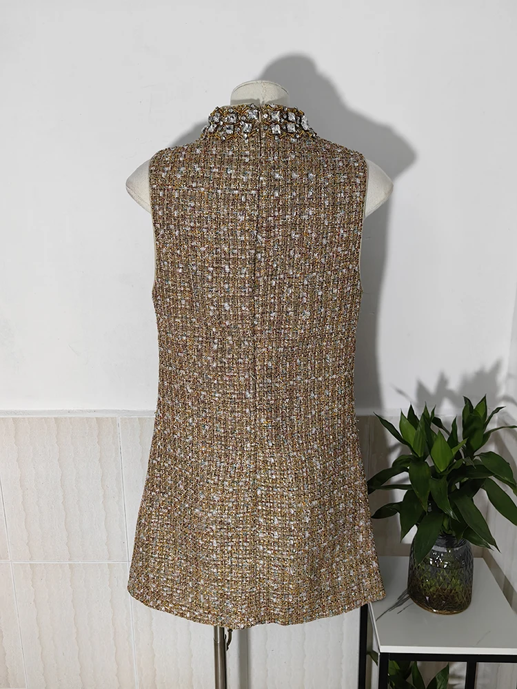 Elegant Tweed Beaded Stand Vest Dress Fashion Gold Hollowed Out Sleeveless Short Dresses Women 2025 New Spring Summer A8299